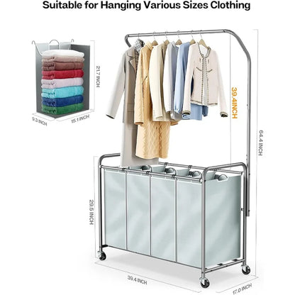 4 Section Laundry Sorter with Hanging Bar