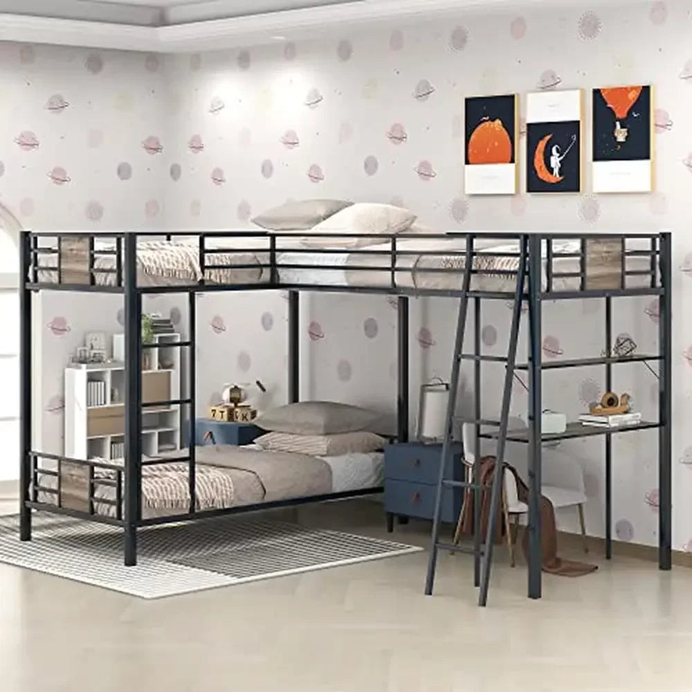 Triple Bunk Bed with Desk and Shelf