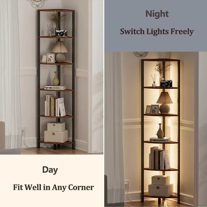 6 Tier Corner Bookshelf with LED Light