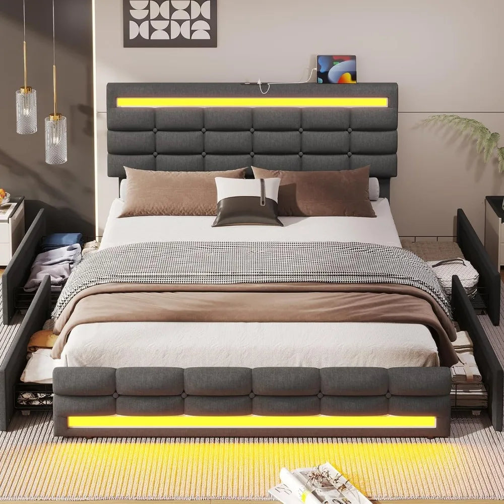 Bed Frame with 4 Drawers and LED Lights