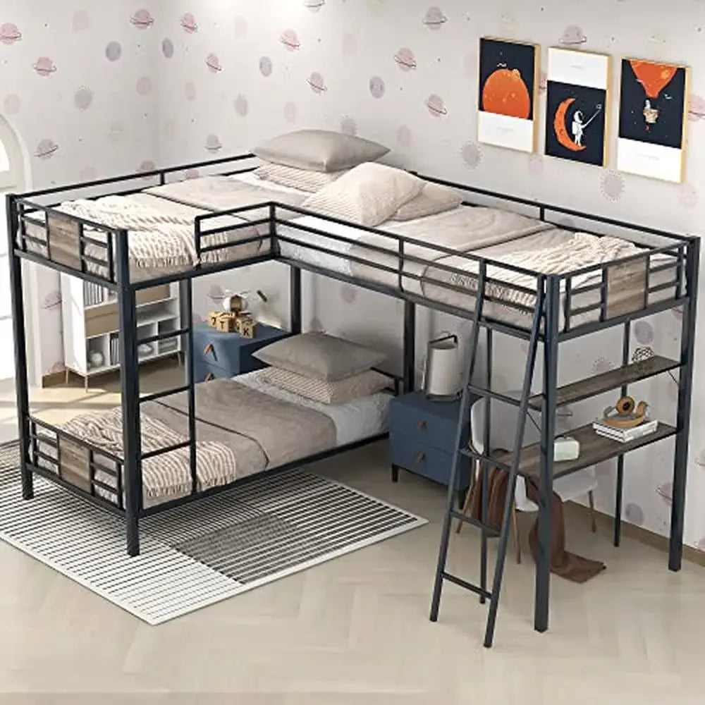 Triple Bunk Bed with Desk and Shelf