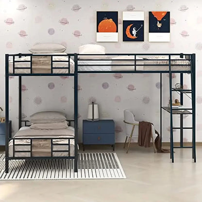 Triple Bunk Bed with Desk and Shelf