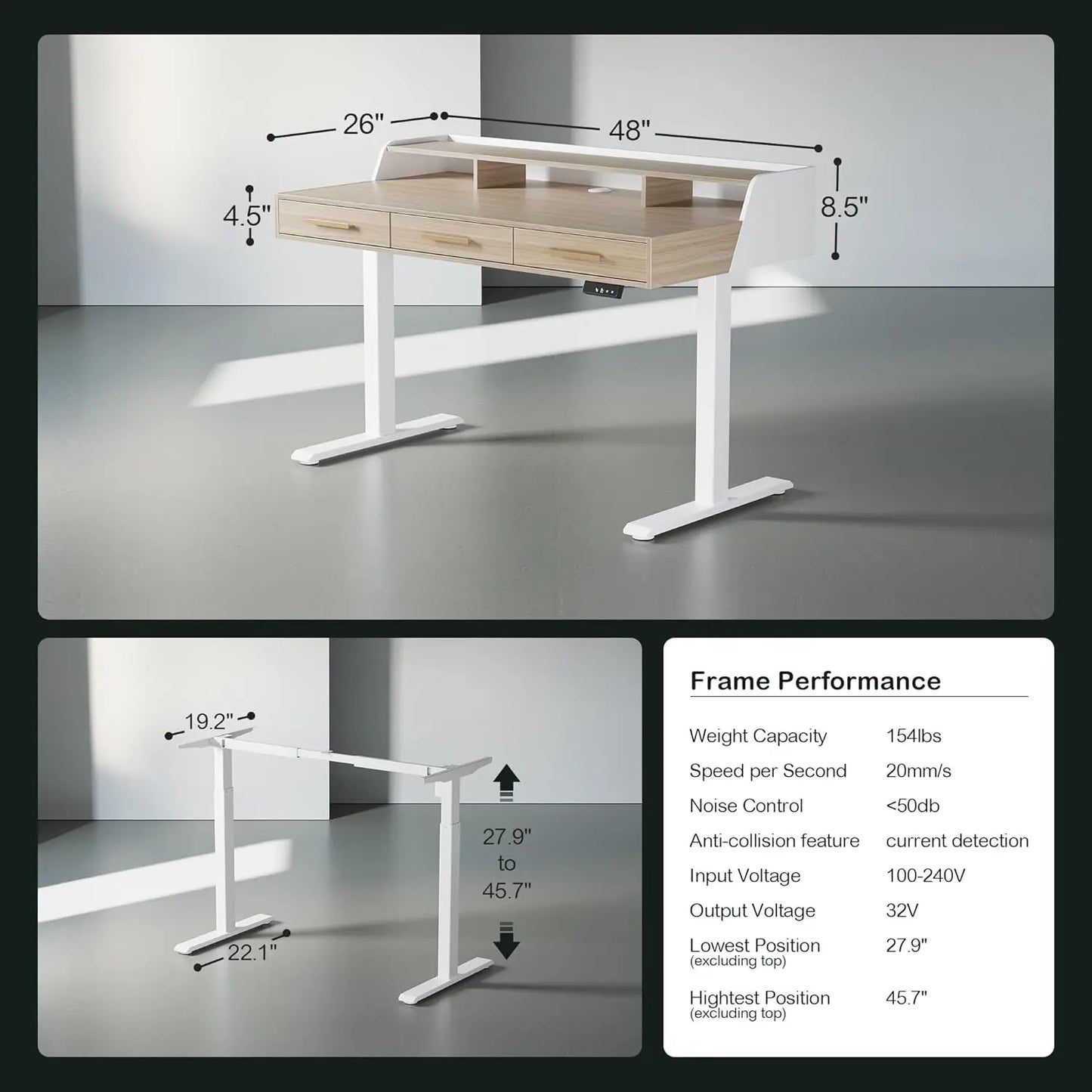 Adjustable Height Standing Desk With 3 Drawers