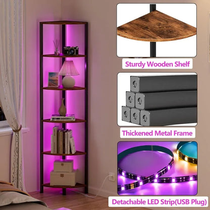 6 Tier Corner Bookshelf with LED Light